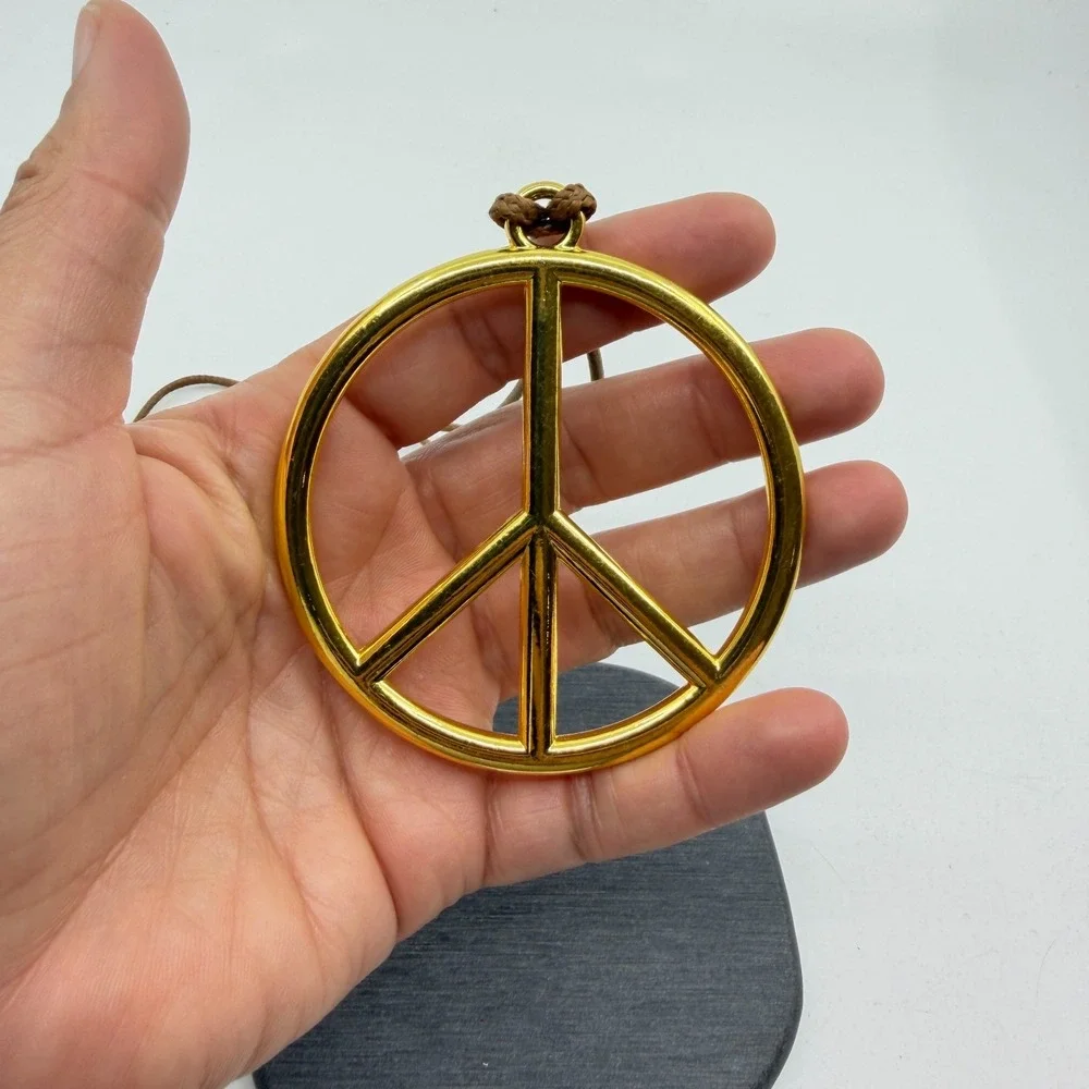 Gold Tone Peace Sign Pendant Necklace Brown Cord Boho Hippie Statement Gift